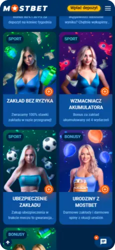 Ekran główny aplikacji Mostbet login pl z ofertami bonusowymi i promocjami