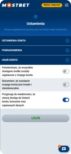 Ustawienia konta Mostbet z opcją usunięcia konta i potwierdzeniami